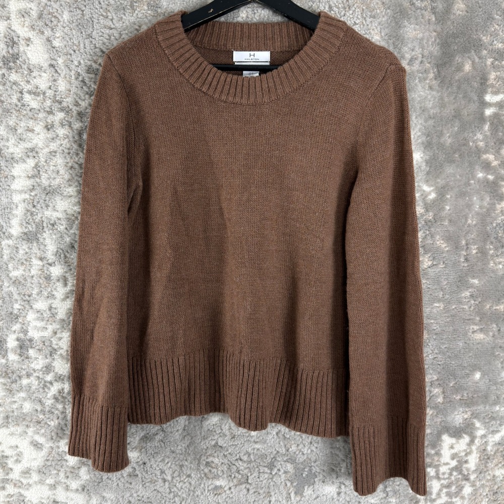 H Halston Size S 100% Extra Fine Merino Wool Knit Pullover Sweater Brown Women